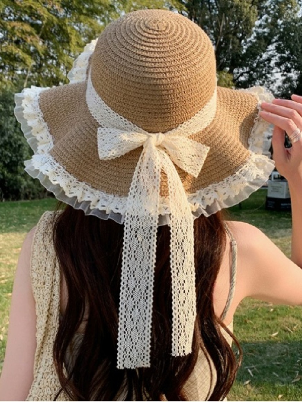 Women’s Brown Lace-Trim Sun Hat with Bow